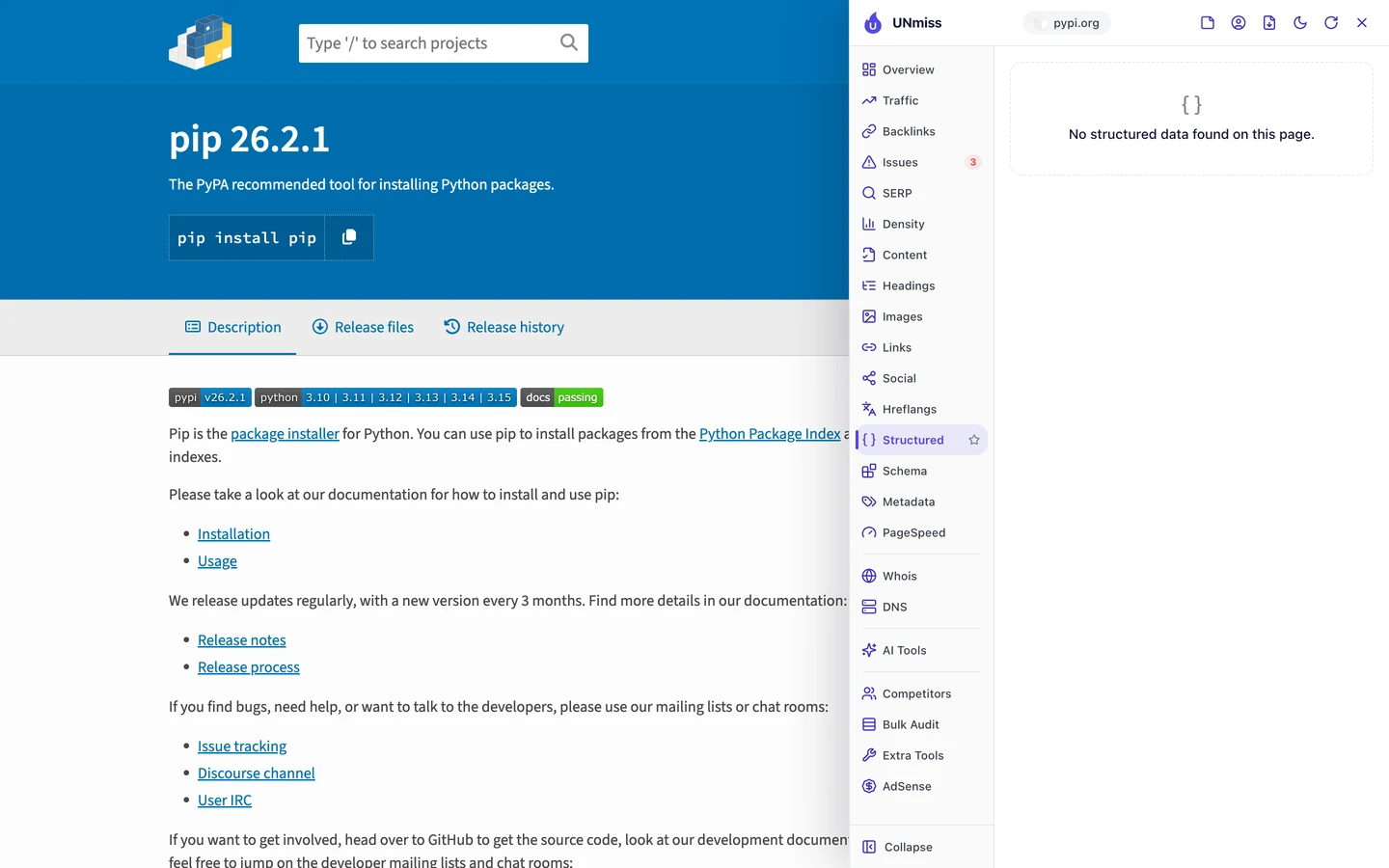 The seotools.pro browser extension Structured tab on PyPI's pip page: No structured data found on this page.