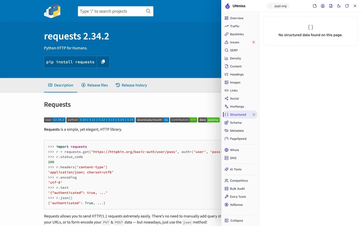 The seotools.pro browser extension Structured tab on PyPI's requests page: No structured data found on this page.