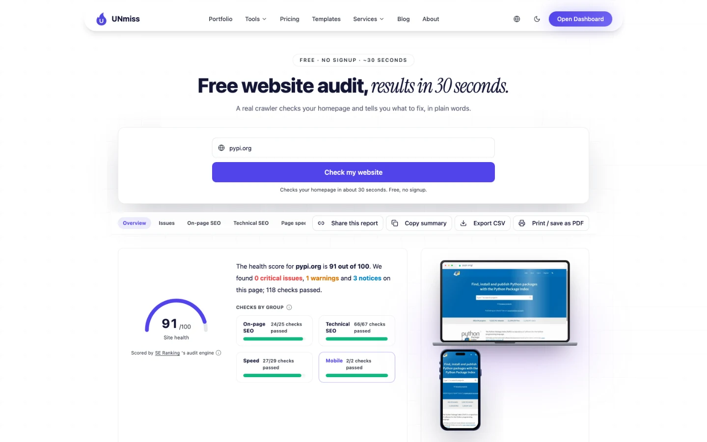 seotools.pro Website Audit для pypi.org: здоровье сайта 91 из 100, 0 критических проблем, 1 предупреждение, 3 замечания и 118 пройденных проверок.