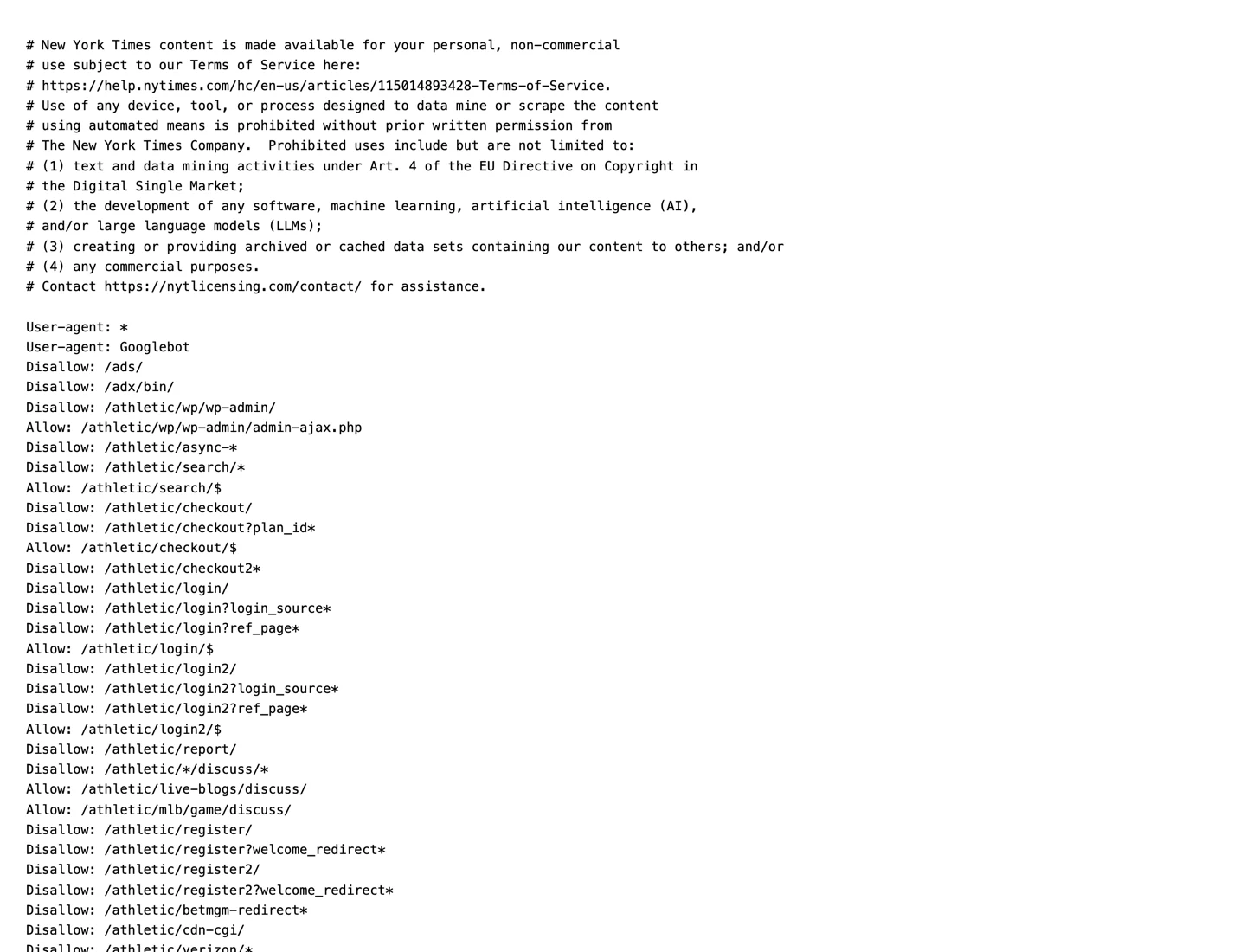 Файл robots.txt сайта nytimes.com со списком user-agent ИИ-краулеров, за каждым из которых идёт правило Disallow со слэшем на весь сайт.