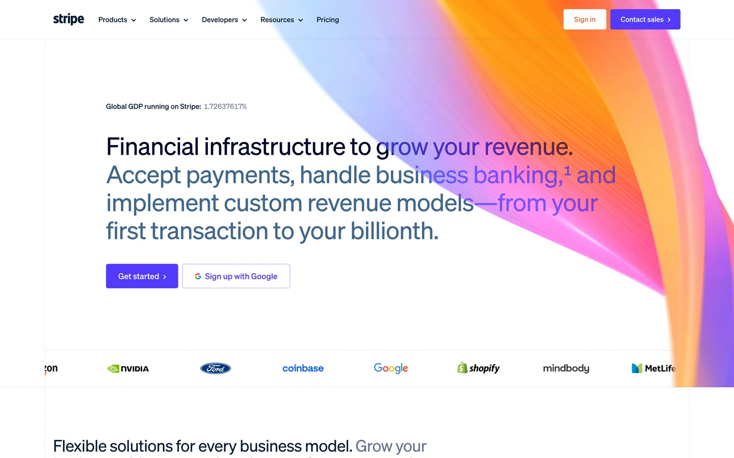 The stripe.com homepage with the headline Financial infrastructure to grow your revenue, a line reading Global GDP running on Stripe: 1.72637617%, Get started and Sign up with Google buttons, and a row of customer logos including NVIDIA, Ford, coinbase, Google, shopify, mindbody and MetLife.