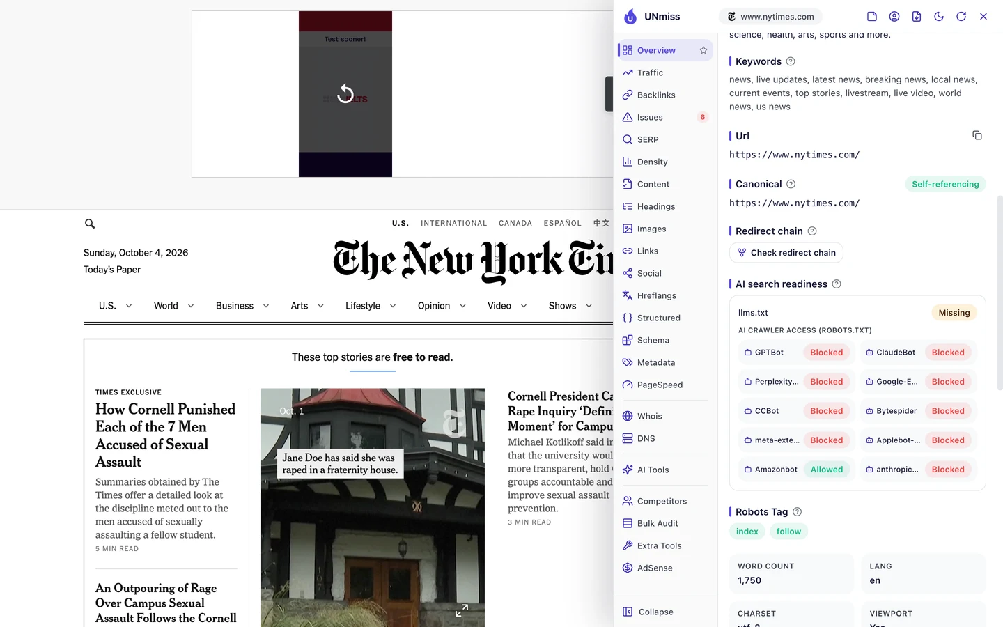 The seotools.pro browser extension on www.nytimes.com, AI search readiness panel: llms.txt Missing, and AI crawler access from robots.txt with GPTBot, ClaudeBot, PerplexityBot, Google-Extended, CCBot, Bytespider, meta-externalagent, Applebot-Extended and anthropic-ai Blocked and Amazonbot Allowed, plus a self-referencing canonical, a robots tag of index, follow and a word count of 1,750.