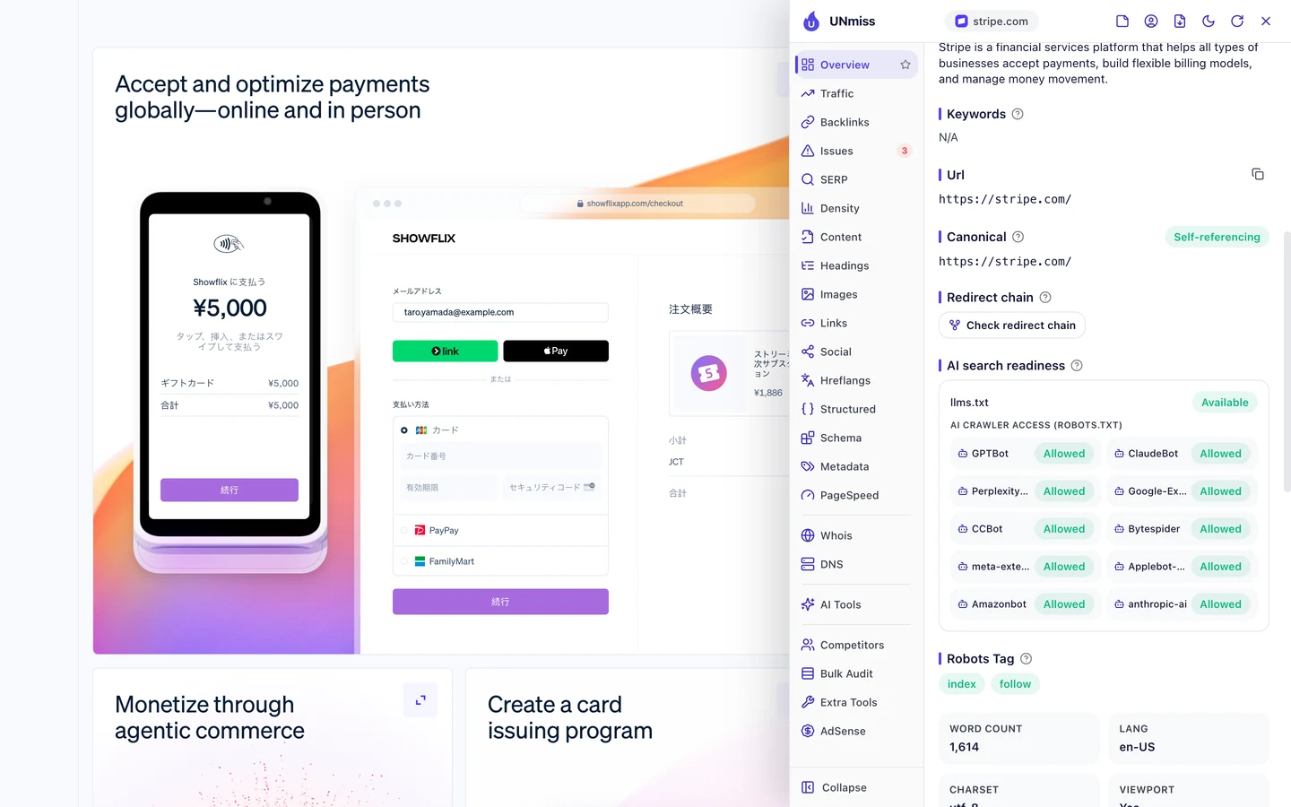 The seotools.pro browser extension on stripe.com, AI search readiness panel: llms.txt Available, and AI crawler access from robots.txt with GPTBot, ClaudeBot, PerplexityBot, Google-Extended, CCBot, Bytespider, meta-externalagent, Applebot-Extended, Amazonbot and anthropic-ai all Allowed, plus a robots tag of index, follow and a word count of 1,614.