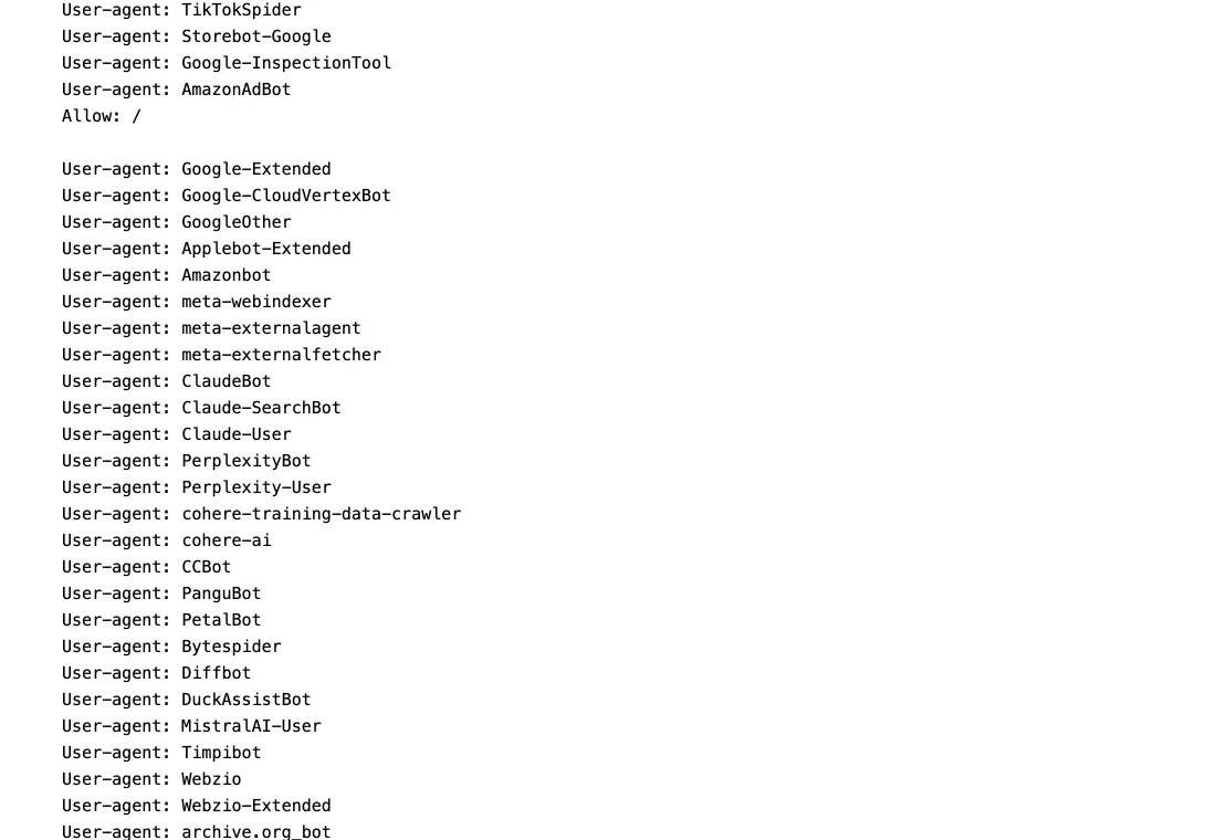 Part of wired.com/robots.txt: a group ending in AmazonAdBot with Allow: /, then a long group of User-agent lines for Google-Extended, Google-CloudVertexBot, GoogleOther, Applebot-Extended, Amazonbot, meta-webindexer, meta-externalagent, meta-externalfetcher, ClaudeBot, Claude-SearchBot, Claude-User, PerplexityBot, Perplexity-User, cohere-training-data-crawler, cohere-ai, CCBot, PanguBot, PetalBot, Bytespider, Diffbot, DuckAssistBot, MistralAI-User, Timpibot, Webzio, Webzio-Extended and archive.org_bot.