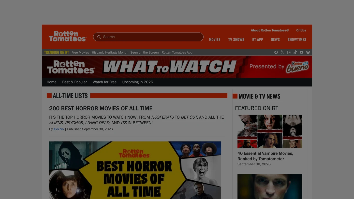 Редакционная подборка Rotten Tomatoes 200 Best Horror Movies of All Time под баннером All-Time Lists, автор Alex Vo, дата публикации Published September 30, 2026.