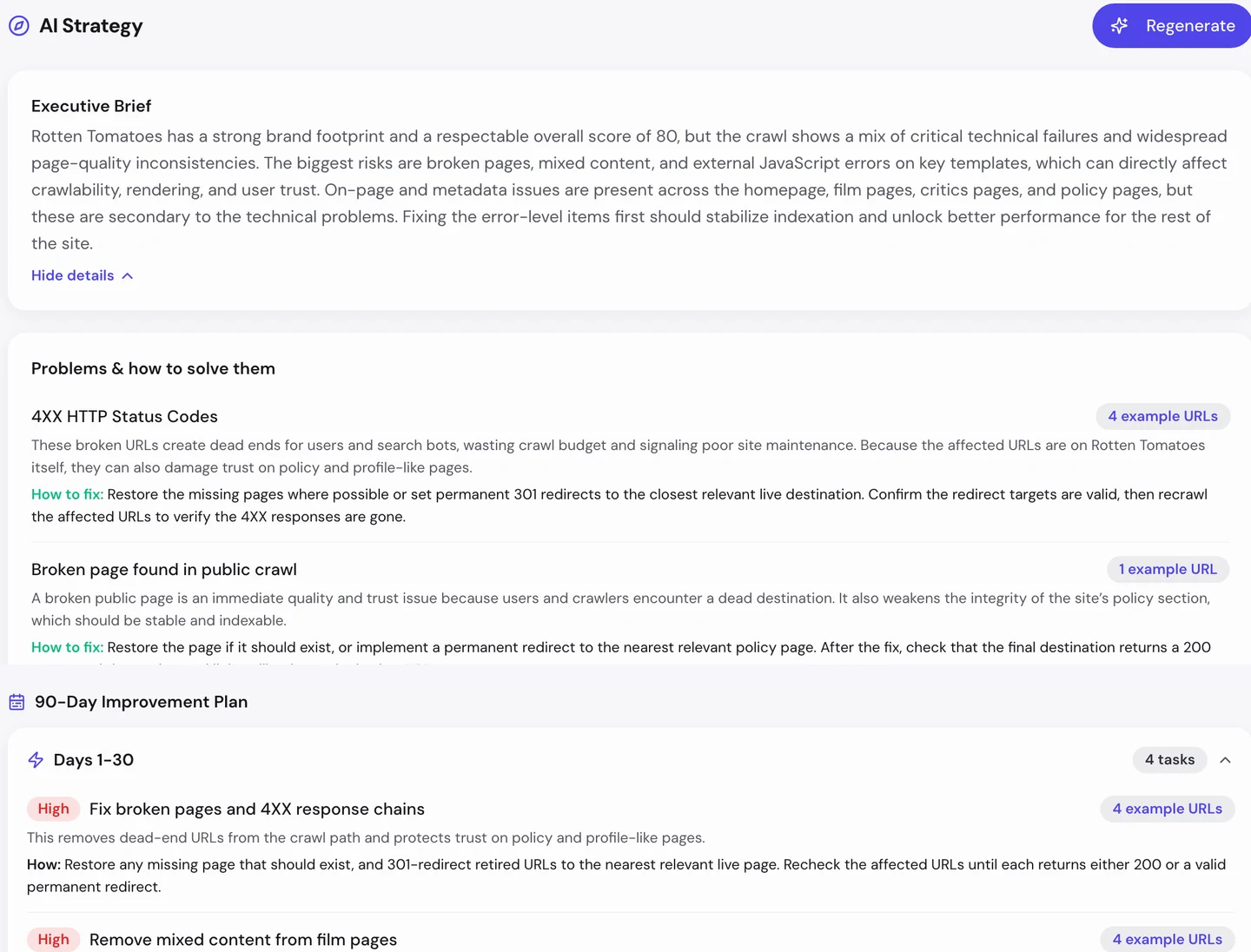 Вкладка AI в seotools.pro Website Audit по www.rottentomatoes.com: краткая сводка для руководства, проблемы и способы их исправить, где первыми идут коды ответа 4XX и битая страница, и план улучшений на 90 дней. Первые 30 дней в нем начинаются с исправления битых страниц и цепочек ответов 4XX и удаления смешанного контента со страниц фильмов.