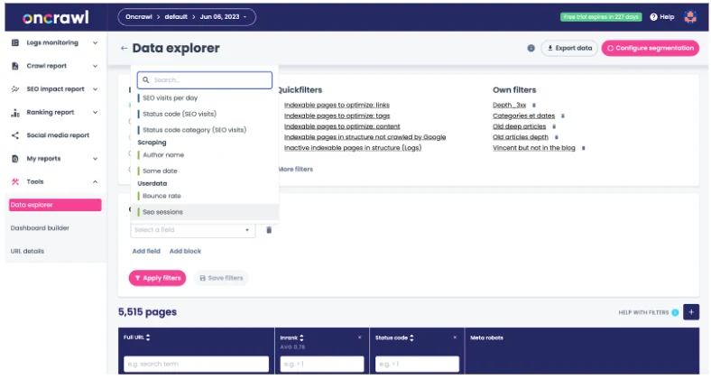Официальный скриншот Oncrawl с Data Explorer и быстрыми фильтрами.