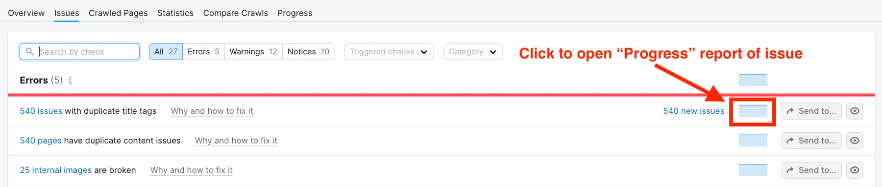 Официальный скриншот Semrush Site Audit с вкладками проблем.