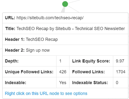 Официальный скриншот Sitebulb с деталями URL внутри визуализации.