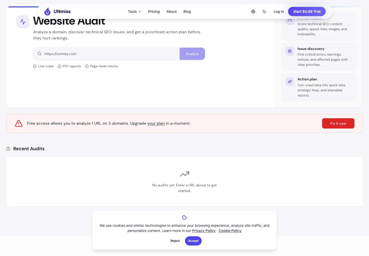 Скриншот аудита seotools.pro: здоровье сайта и группы проблем.