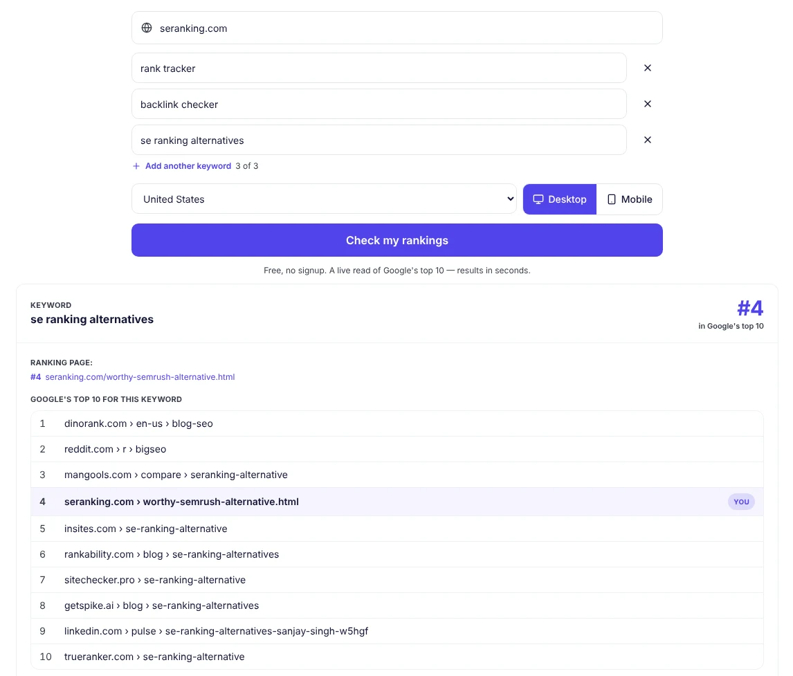 seotools.pro Rank Tracker showing Google's US desktop top 10 for se ranking alternatives: dinorank.com, reddit.com r/bigseo, mangools.com, seranking.com at number 4, insites.com, rankability.com, sitechecker.pro, getspike.ai, linkedin.com and trueranker.com.