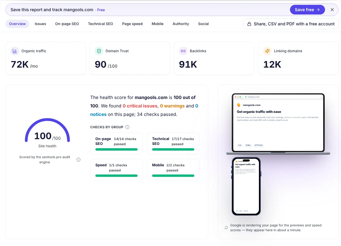 seotools.pro free website audit of mangools.com: organic traffic 72K a month, Domain Trust 90 of 100, 91K backlinks, 12K linking domains, and a site health score of 100 out of 100 with on-page, technical, speed and mobile checks passed.