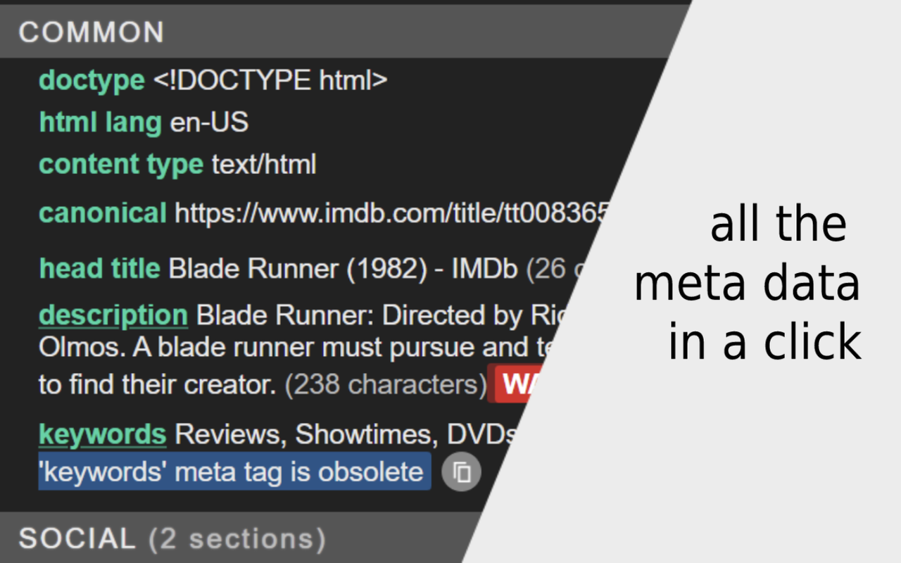 META SEO inspector screenshot from its Chrome Web Store listing