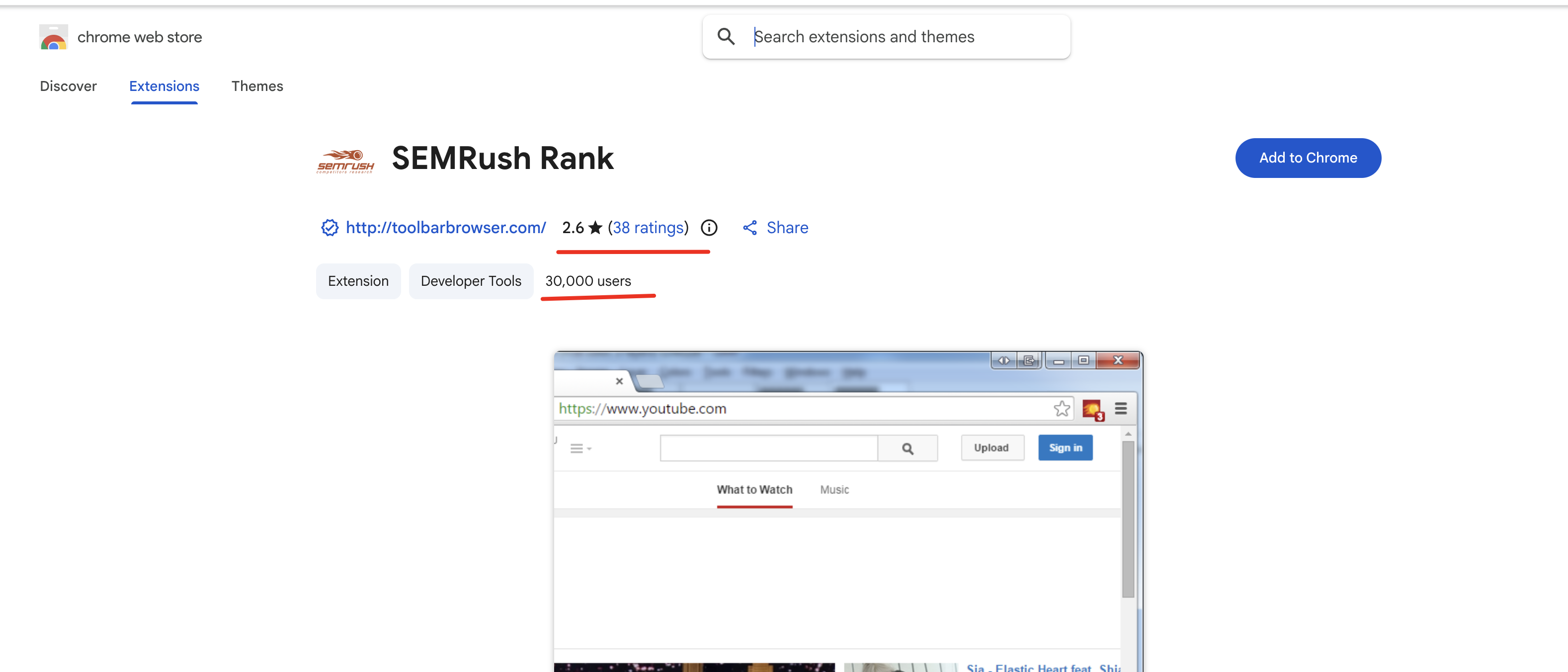 SEMRush Rank on the Chrome Web Store