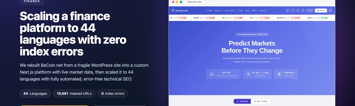 Шапка кейса seotools.pro по BeCoin.net с подписью о масштабировании финансовой платформы на 44 языка без ошибок индексации, с плашками 44 языка, 10 681 проиндексированный URL и 0 ошибок индексации, рядом со скриншотом живой главной страницы рынков becoin.net.