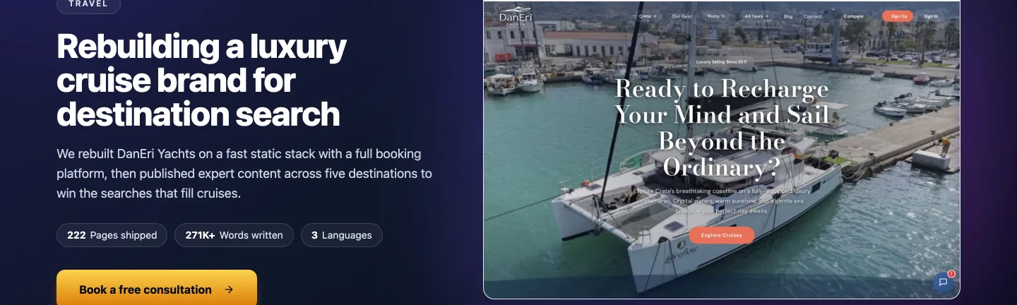 Шапка кейса seotools.pro по DanEri Yachts с подписью о перестройке премиального круизного бренда под поиск по направлениям, с плашками 222 выпущенные страницы, более 271K слов и 3 языка, рядом со скриншотом живого сайта DanEri Yachts.