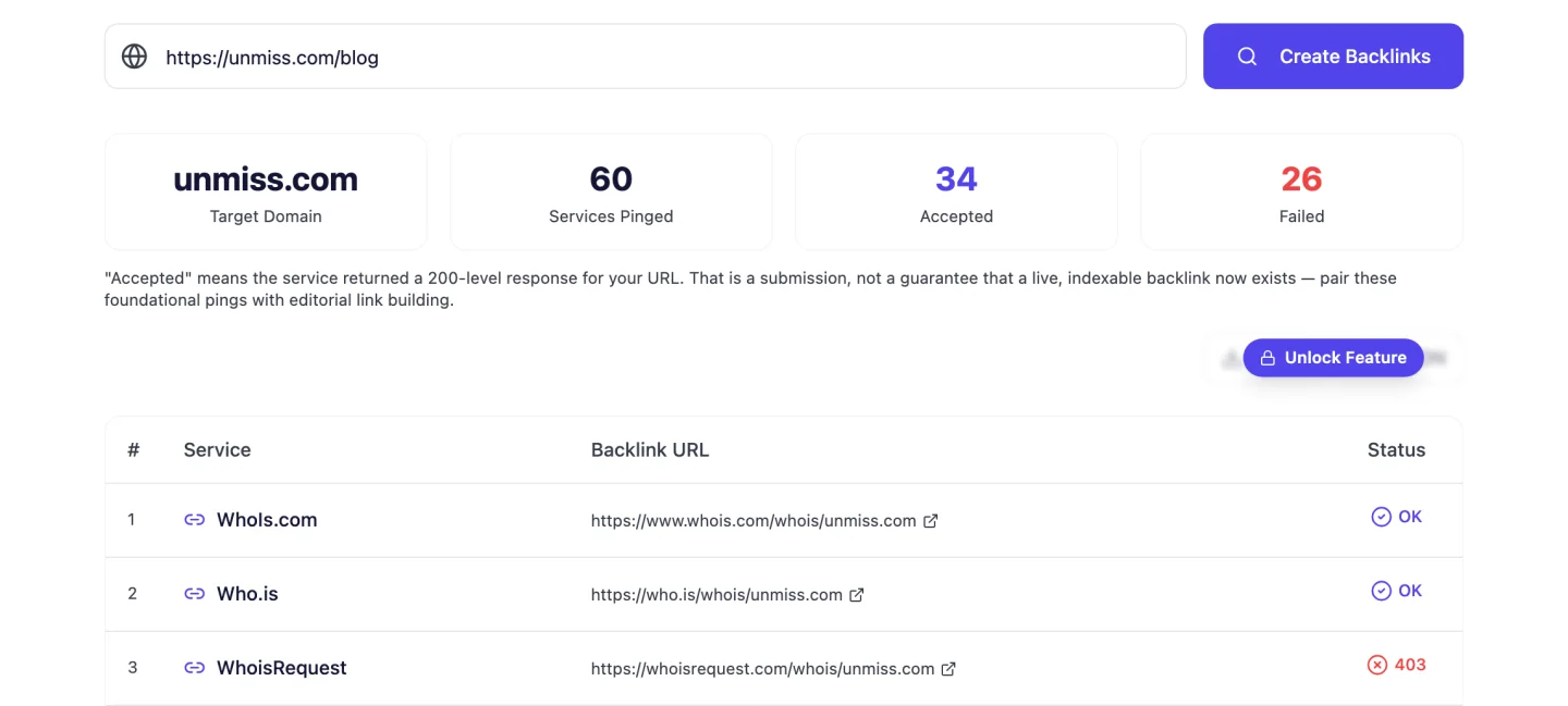 Результаты Генератора обратных ссылок seotools.pro для seotools.pro: 60 сервисов опрошено, 34 приняли, 26 не ответили, оговорка о том, что принято означает ответ уровня 200, а не гарантированную живую обратную ссылку, и таблица результатов с OK, OK и 403 для первых трёх сервисов.