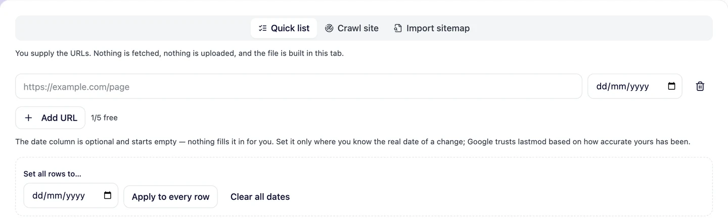 seotools.pro XML Sitemap Generator, Quick list tab: a URL field with an empty dd/mm/yyyy date box, the note that the date column is optional and starts empty, nothing fills it in for you, set it only where you know the real date of a change, and Google trusts lastmod based on how accurate yours has been; a Set all rows to box, a Base URL for the sitemap index field, a Legacy fields: priority and changefreq section and a Generate Sitemap button.