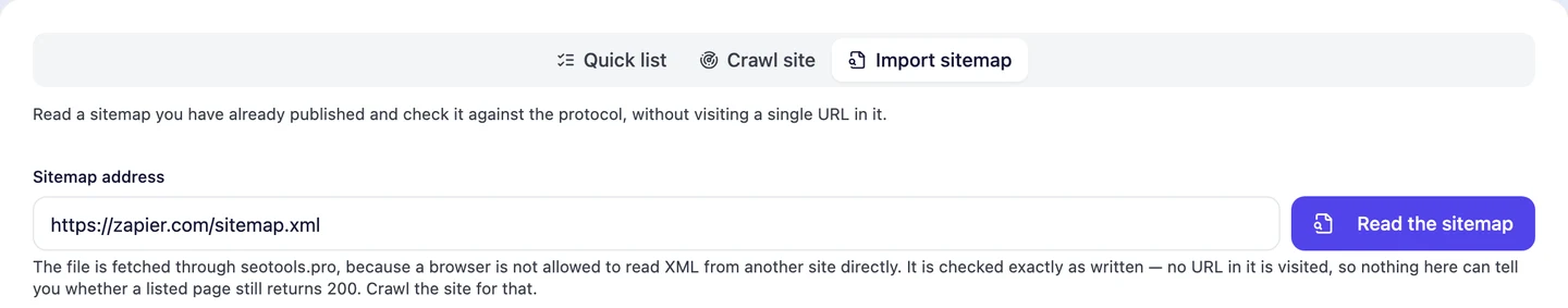 seotools.pro XML Sitemap Generator, Import sitemap tab, with https://zapier.com/sitemap.xml in the Sitemap address field and a Read the sitemap button, and a note that it reads a sitemap you have already published and checks it against the protocol without visiting a single URL in it.