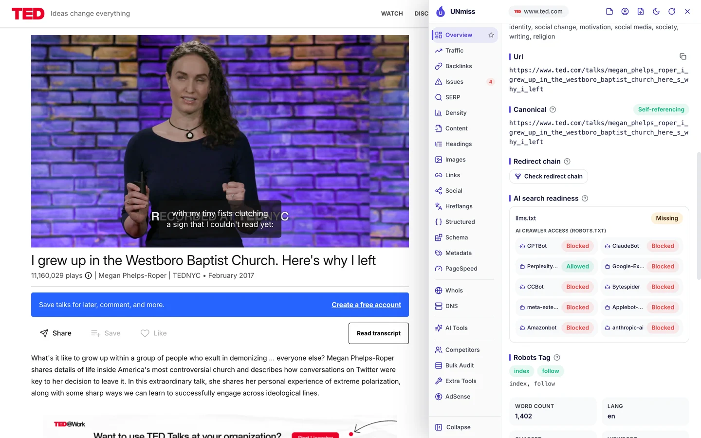 Расширение UNmiss для браузера на странице доклада о Westboro Baptist Church показывает готовность к ИИ-поиску: файла llms.txt нет, а robots.txt закрывает доступ для GPTBot, ClaudeBot, Google-Extended, CCBot, Bytespider, meta-externalagent, Applebot-Extended, Amazonbot и anthropic-ai и пускает PerplexityBot.