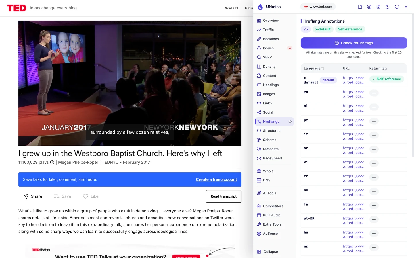 Вкладка Hreflangs в расширении UNmiss для браузера на странице доклада о Westboro Baptist Church: 25 аннотаций hreflang с x-default и ссылкой на саму себя, среди языковых версий en, nl, pt, it, ar, vi, tr, he, fa, pt-BR, hu и es, у каждой адрес вида ?language= на www.ted.com.