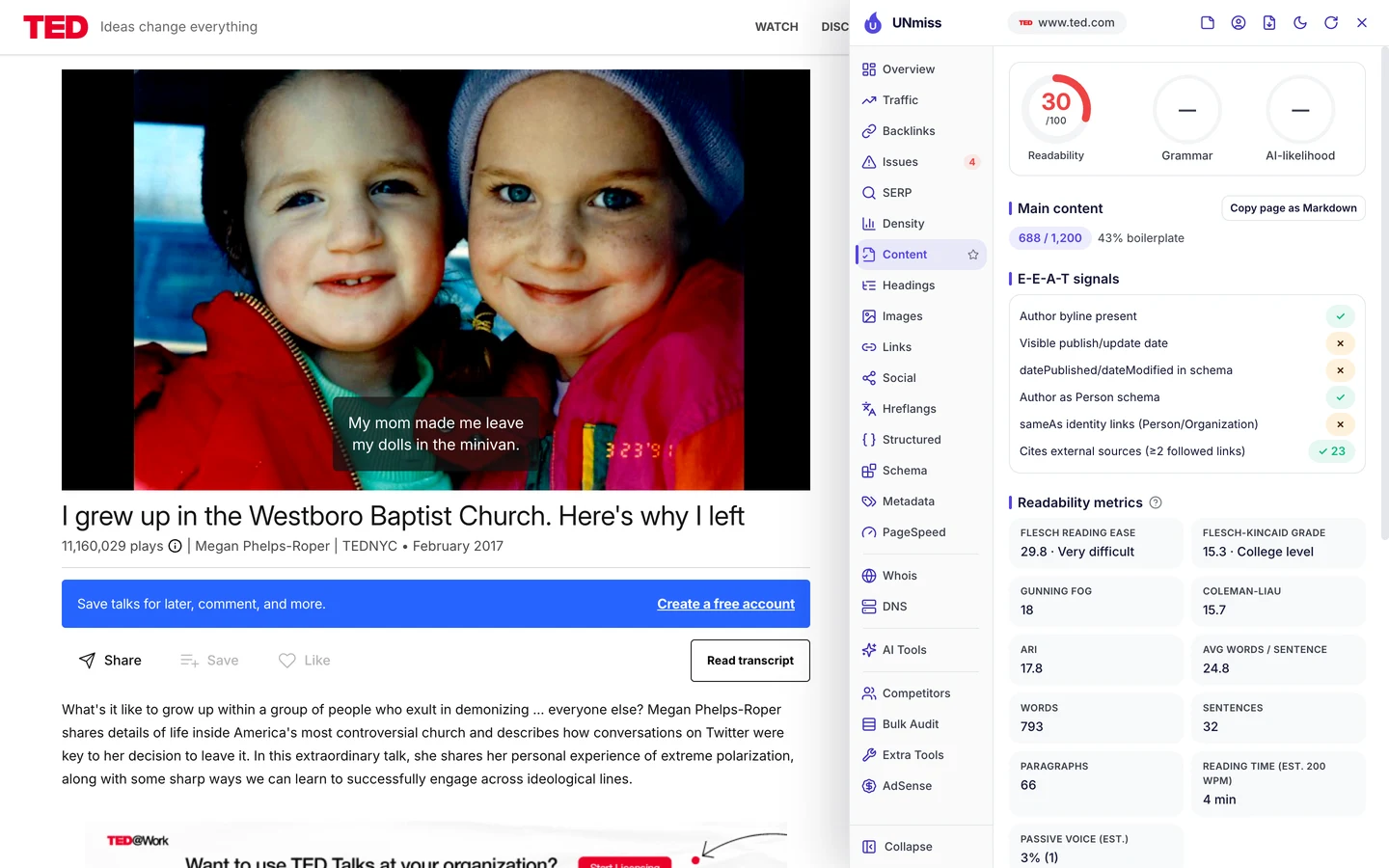 Вкладка Content в расширении UNmiss для браузера на странице доклада о Westboro Baptist Church: всего 793 слова, основной текст 688 слов при ориентире в 1200, 43% шаблонного текста, автор указан, видимой даты публикации или обновления нет, индекс удобочитаемости Флеша 29,8.