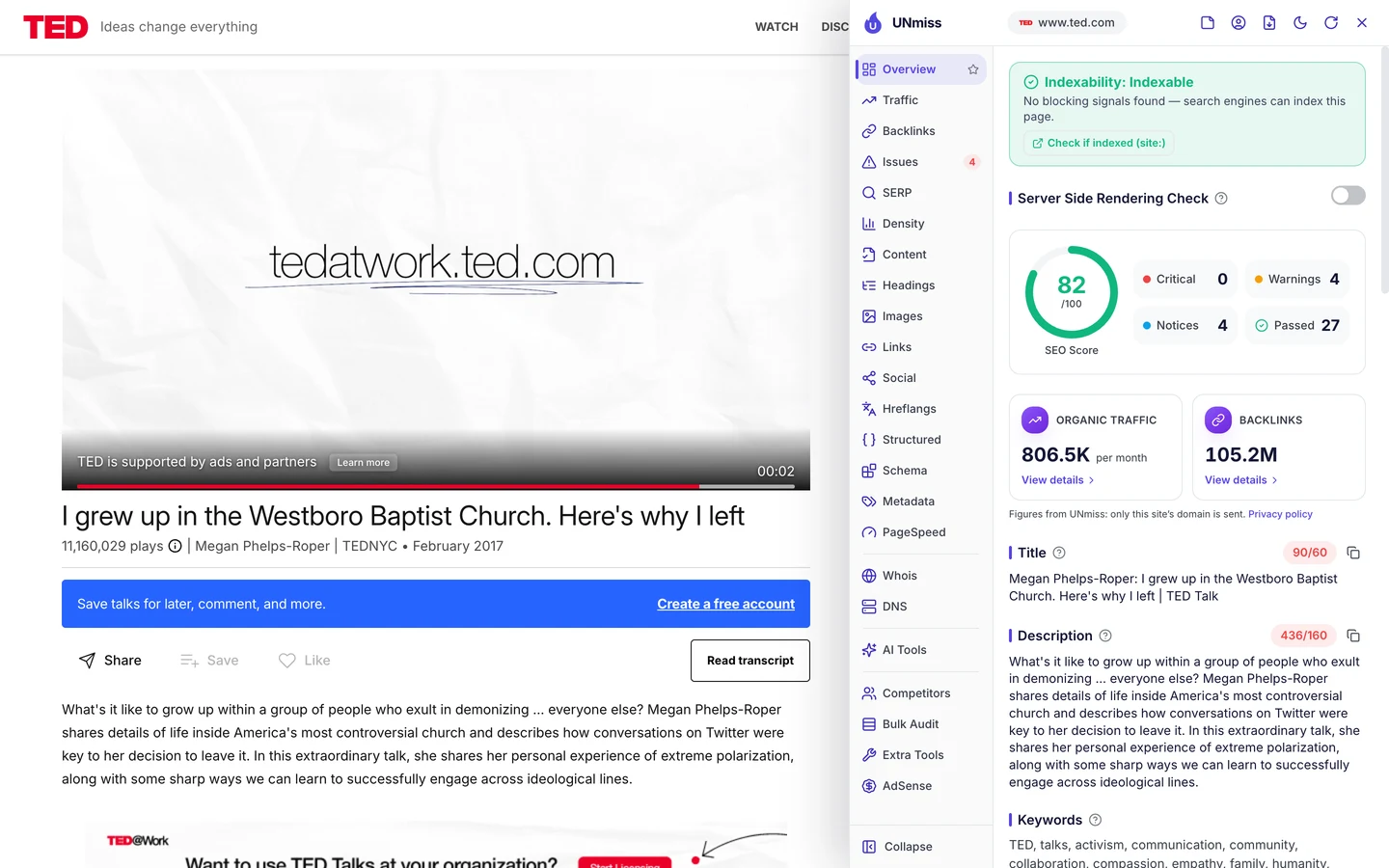 Вкладка Overview в расширении UNmiss для браузера на странице доклада о Westboro Baptist Church: страница открыта для индексации, SEO-оценка 82 из 100, 0 критических проблем, 4 предупреждения, 4 уведомления и 27 пройденных проверок, заголовок длиной 90 символов при норме 60 и описание длиной 436 символов при норме 160.