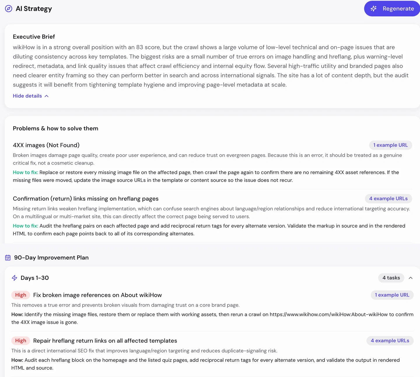 Вкладка AI в seotools.pro Website Audit по www.wikihow.com: краткая сводка для руководства, проблемы и способы их исправить, где первыми идут изображения с ошибкой 4XX и недостающие ответные ссылки hreflang, и план улучшений на 90 дней. Первые 30 дней в нем начинаются с исправления битых изображений на странице About wikiHow и восстановления ответных ссылок hreflang во всех затронутых шаблонах.
