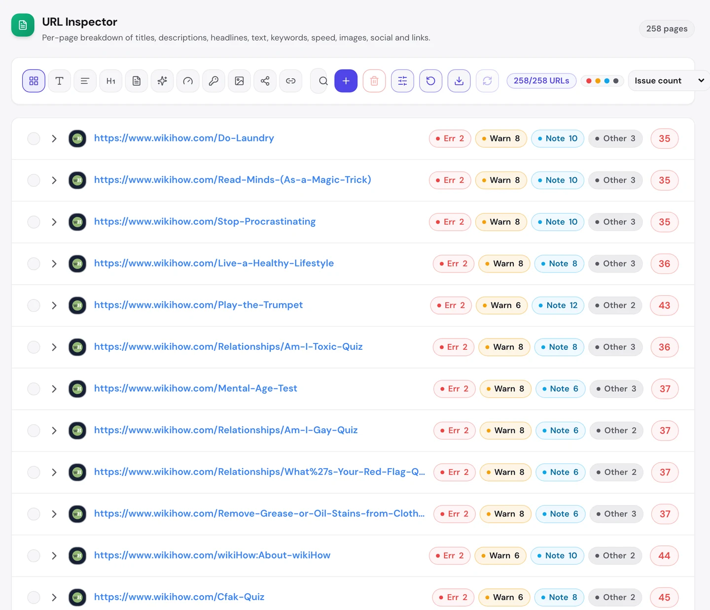 Вкладка Pages в seotools.pro Website Audit, URL Inspector по www.wikihow.com с 258 страницами: инструкции Do Laundry, Read Minds, Stop Procrastinating, Live a Healthy Lifestyle и Play the Trumpet, а также несколько тестов. На каждой странице 2 ошибки и от 6 до 8 предупреждений, оценки от 35 до 45 баллов.