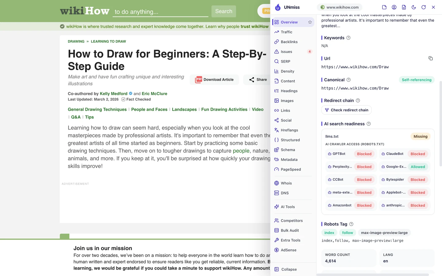 Расширение UNmiss для браузера на странице wikiHow How to Draw показывает готовность к ИИ-поиску: файла llms.txt нет, а robots.txt закрывает доступ GPTBot, ClaudeBot, PerplexityBot, CCBot, Bytespider, meta-externalagent, Applebot-Extended, Amazonbot и anthropic-ai и пускает только Google-Extended.