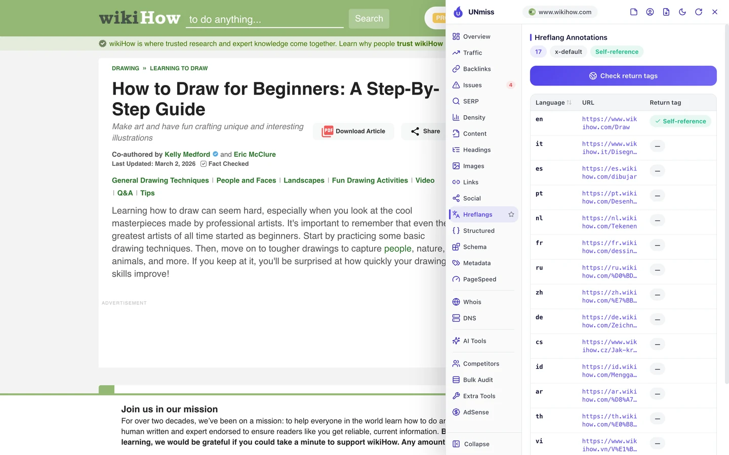 Вкладка Hreflangs в расширении UNmiss для браузера на странице wikiHow How to Draw: 17 аннотаций hreflang, включая x-default и ссылку страницы на саму себя. Среди версий английская, итальянская на wikihow.it, испанская, португальская, нидерландская, французская, русская, китайская, немецкая, чешская, индонезийская, арабская, тайская и вьетнамская.