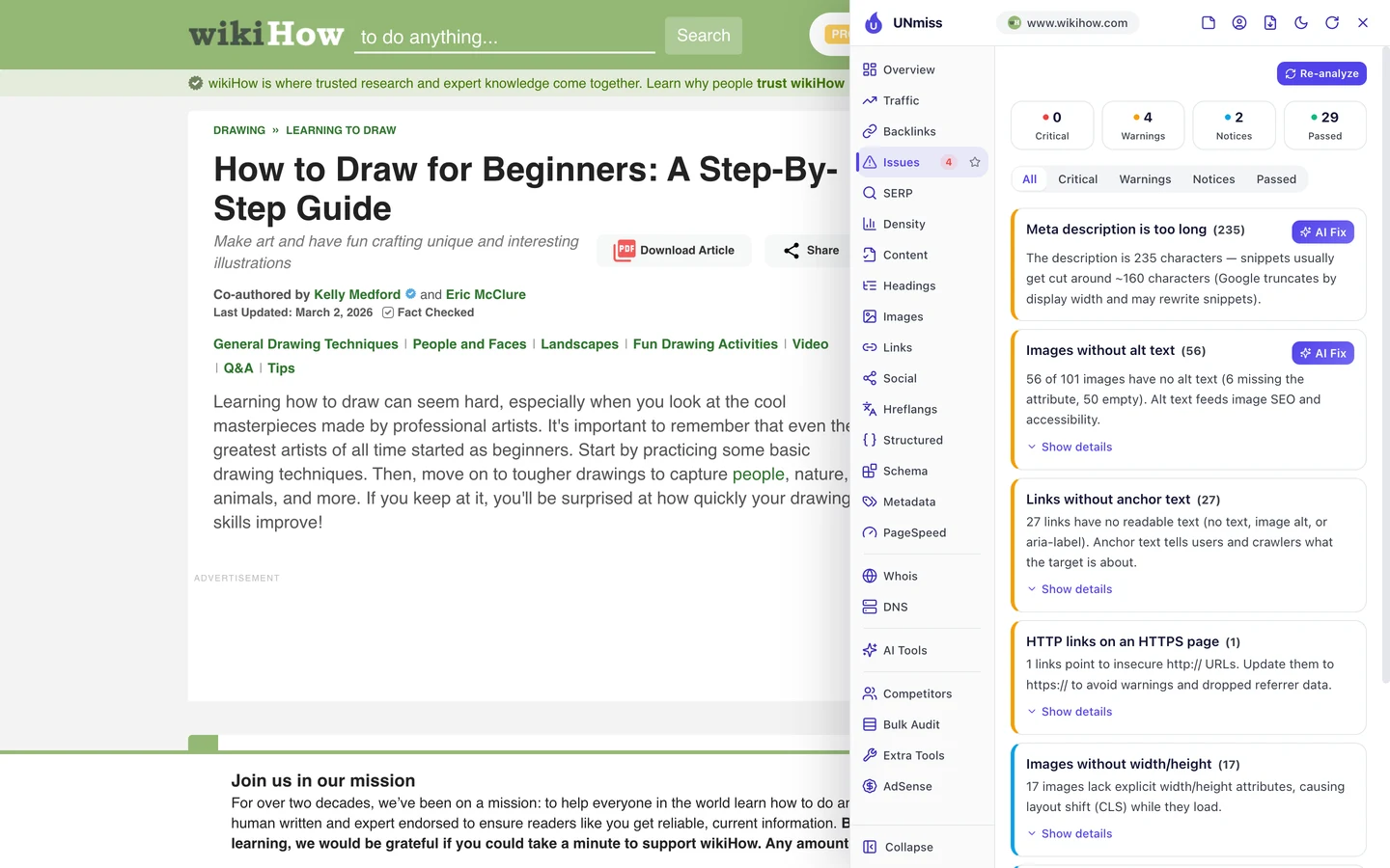 Вкладка Issues в расширении UNmiss для браузера на странице wikiHow How to Draw: метаописание слишком длинное (235 символов), у 56 из 101 изображения нет alt-текста, у 27 ссылок нет текста анкора, 1 ссылка ведет по http, у 17 изображений не указаны ширина и высота, а 41 ссылка открывается в новой вкладке без noopener.