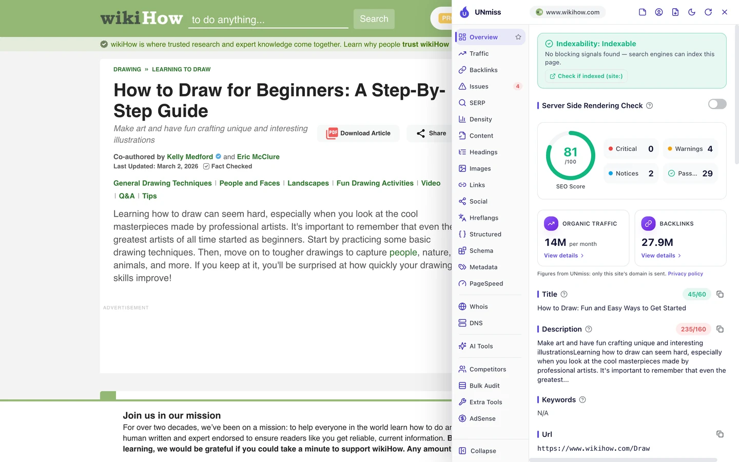 Расширение UNmiss для браузера на странице wikiHow How to Draw: страница открыта для индексации, SEO-оценка 81 из 100, 0 критических проблем, 4 предупреждения, 2 уведомления и 29 пройденных проверок, заголовок How to Draw: Fun and Easy Ways to Get Started длиной 45 из 60 символов и описание длиной 235 из 160 символов.