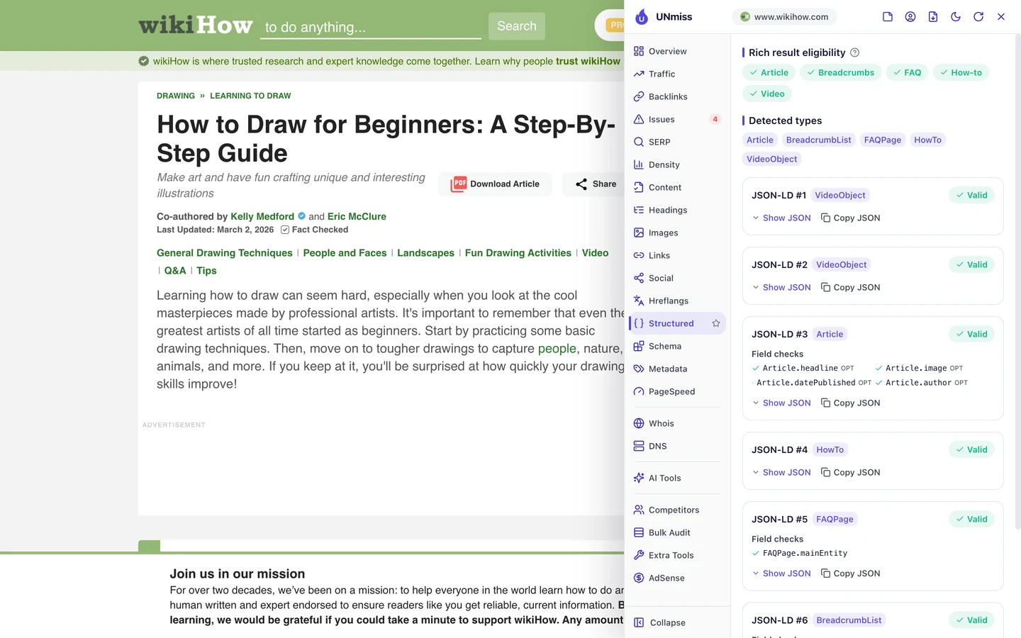 Вкладка Structured в расширении UNmiss для браузера на странице wikiHow How to Draw: страница подходит для расширенных результатов Article, Breadcrumbs, FAQ, How-to и Video, и все блоки JSON-LD корректны: VideoObject, Article, HowTo, FAQPage и BreadcrumbList.