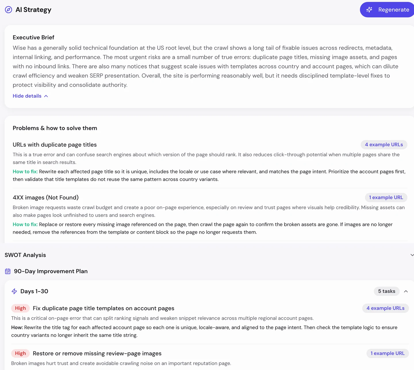 Вкладка AI в seotools.pro Website Audit по wise.com: краткая сводка для руководства, проблемы и способы их исправить, где первыми идут адреса с одинаковыми заголовками и изображения с ошибкой 4XX, и план улучшений на 90 дней. План на первые 30 дней начинается с исправления одинаковых шаблонов заголовков на страницах счета и возврата пропавших изображений на странице отзывов.