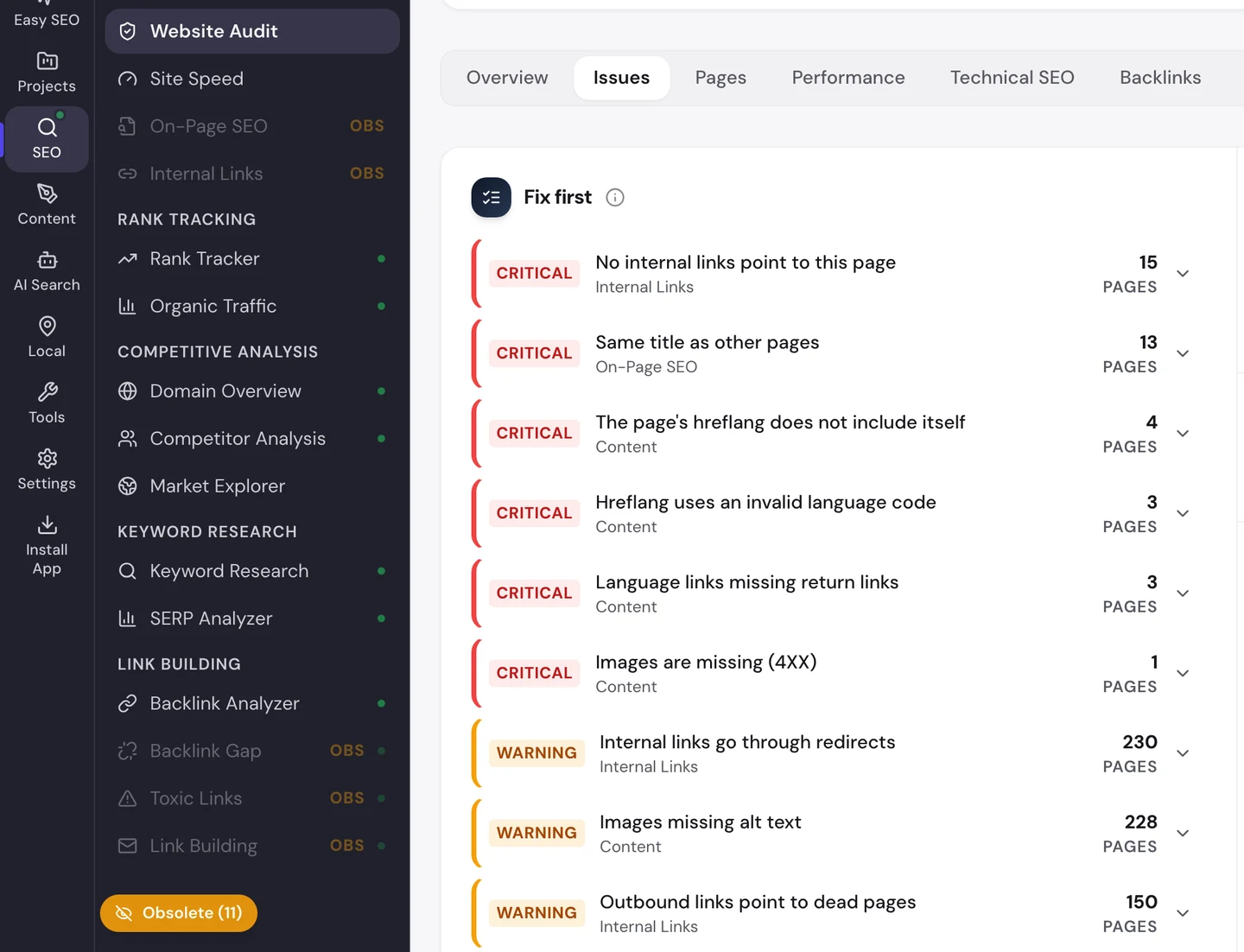 Проблемы в seotools.pro Website Audit по wise.com. Критические ошибки: страницы без внутренних ссылок (15 страниц), заголовок, совпадающий с другими страницами (13), несколько проблем с hreflang, каждая на 3 или 4 страницах, и отсутствующее изображение. Дальше предупреждения: внутренние ссылки через редиректы на 230 страницах, изображения без alt-текста на 228 и исходящие ссылки на несуществующие страницы на 150.
