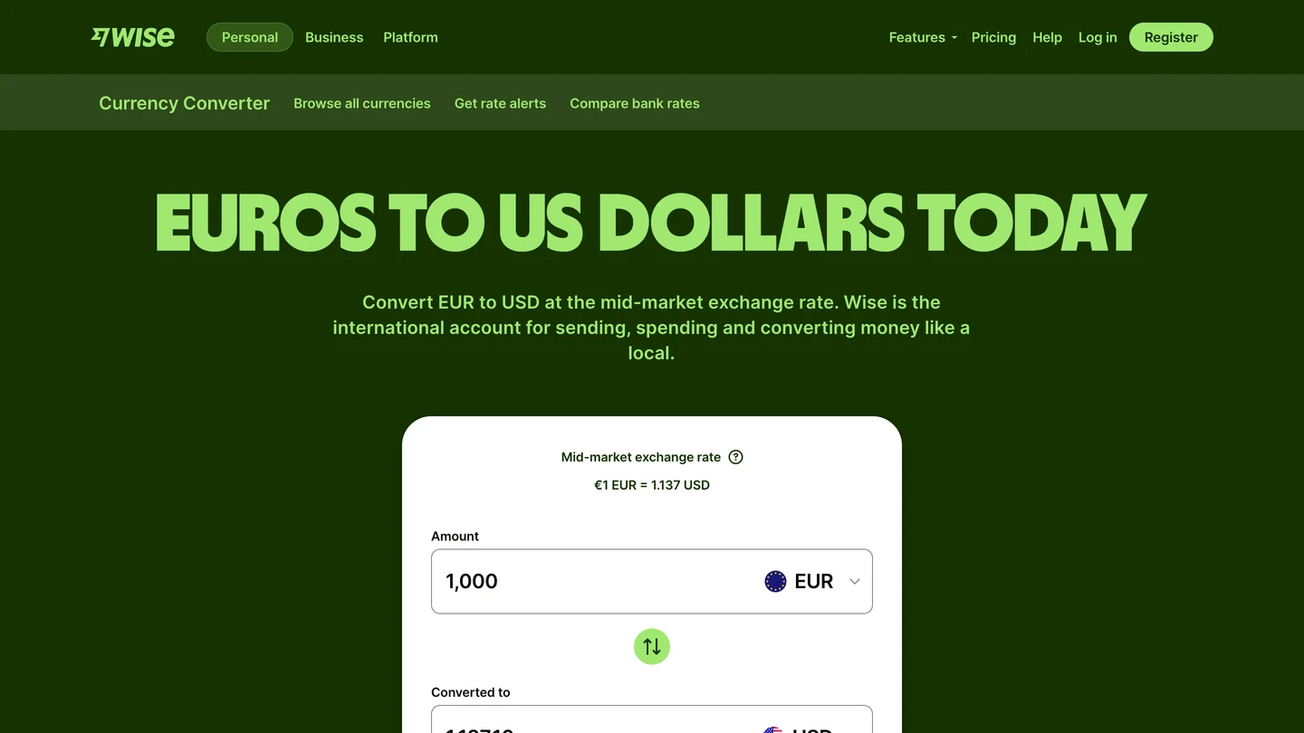 Страница конвертера валют EUR to USD на сайте Wise с заголовком Euros to US dollars today, средним рыночным курсом 1 EUR = 1,137 USD и окном конвертера, где в поле суммы введено 1000 EUR.