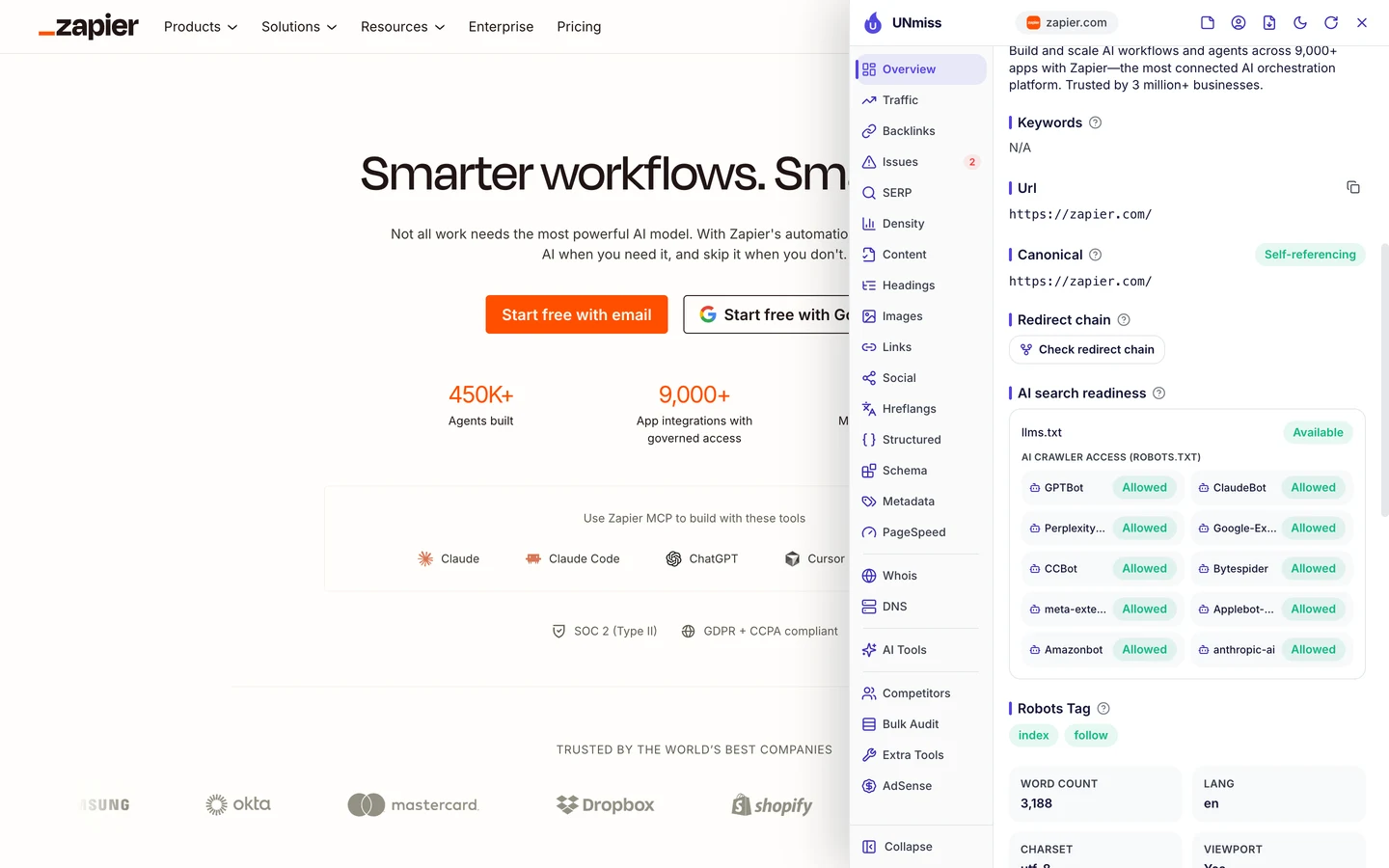 Розширення UNmiss для браузера на головній сторінці zapier.com показує готовність до пошуку в ШІ: файл llms.txt є, а за правилами robots.txt доступ мають усі ШІ-краулери, зокрема GPTBot, ClaudeBot, PerplexityBot, Google-Extended, CCBot, Bytespider, meta-externalagent, Applebot-Extended, Amazonbot і anthropic-ai.