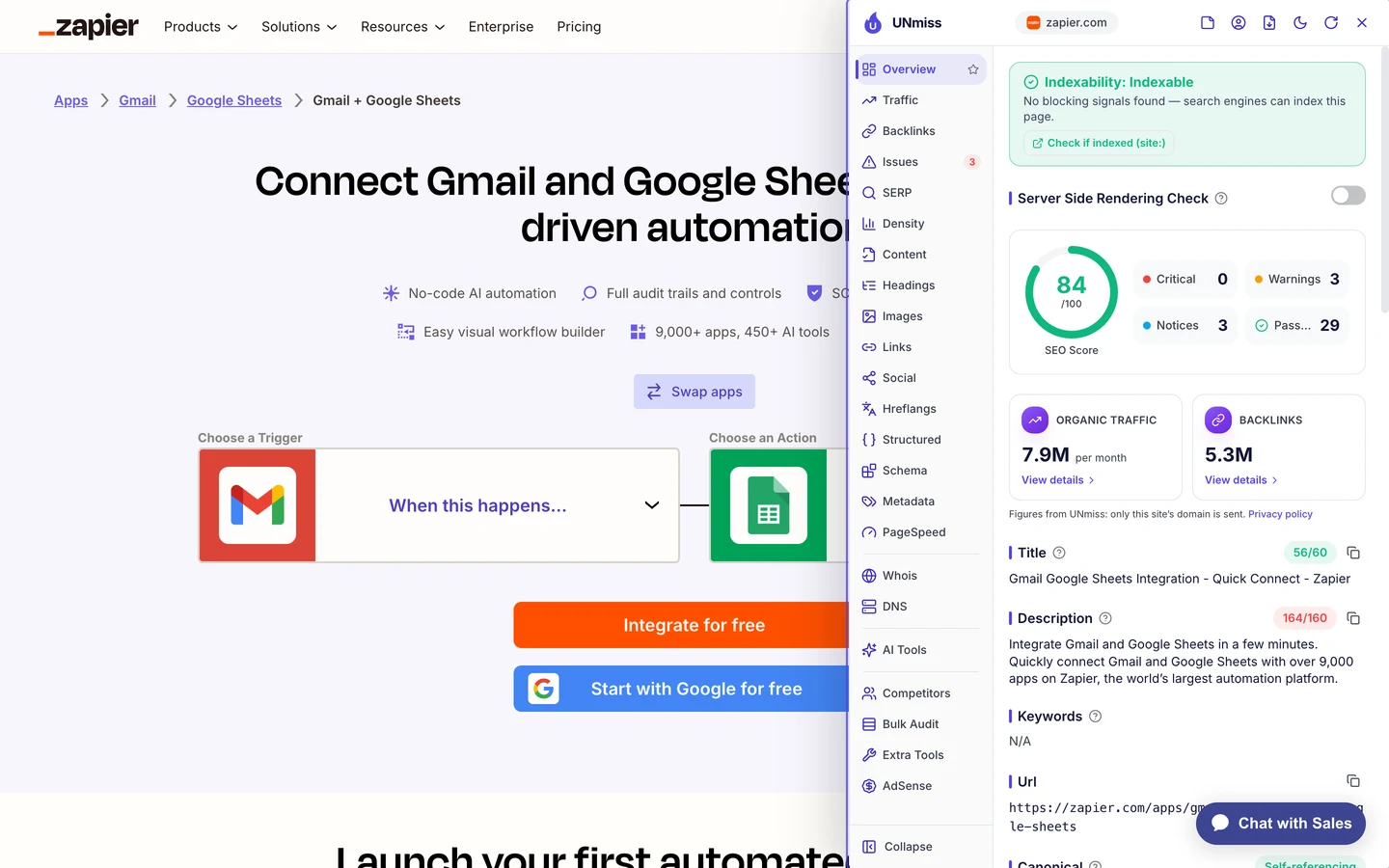 Розширення UNmiss для браузера, відкрите на сторінці інтеграції Gmail і Google Sheets у Zapier: сторінка індексується, SEO-оцінка 84 зі 100, 0 критичних проблем, 3 попередження, 3 зауваження і 29 пройдених перевірок, заголовок Gmail Google Sheets Integration - Quick Connect - Zapier і опис на 164 символи, позначений як задовгий.
