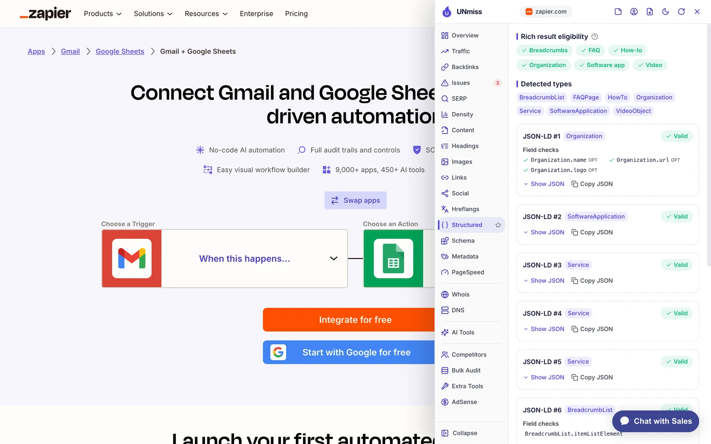 Вкладка Structured у розширенні UNmiss для браузера на сторінці Gmail і Google Sheets у Zapier: сторінка може претендувати на розширені результати Breadcrumbs, FAQ, How-to, Organization, Software app і Video, виявлено типи BreadcrumbList, FAQPage, HowTo, Organization, Service, SoftwareApplication і VideoObject, а блоки JSON-LD не містять помилок.