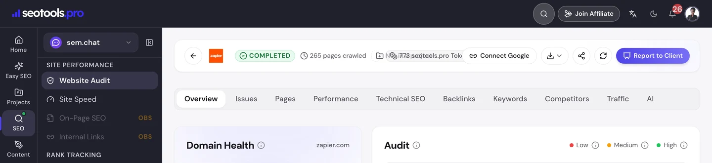 seotools.pro Website Audit для zapier.com, вересень 2026 року: обійдено 265 сторінок, оцінка здоров’я домену 87 з позначкою good, 17 критичних помилок, 351 попередження і 1324 зауваження, а також шкали аудиту для тегів title, описів, заголовків, контенту, швидкості, ключових слів, зображень, соцмереж і посилань.