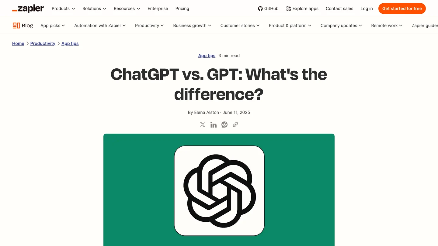 Стаття Elena Alston у блозі Zapier ChatGPT vs. GPT: What's the difference? (ChatGPT чи GPT: у чому різниця?) з рубрики App tips від 11 червня 2025 року: читати 3 хвилини, на обкладинці великий логотип ChatGPT.